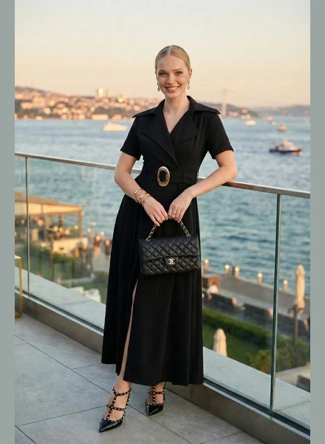 Lela Lela Regular Fit Wrap Collar Buckle Belt Detail Dress Women's Dress 6922332